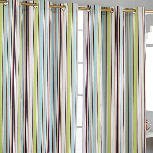 HOMESCAPES Osaka Green Stripes - Eyelet Curtain Pair 117cm (46) Wide x 137cm (54) Drop 100% Cotton Ring Top Striped Curtains