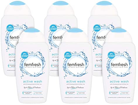 Femfresh Ultimate Care Active Vaginal Wash - Intimate Feminine Hygiene Shower Gel Cleanser - pH Balanced, Soap Free, Fragrance Free Gel Formula with 12-hour Sweat Protection - 6 x 250ml Multi Pack