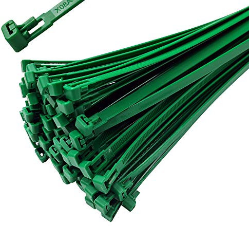 Lot de 100 serre-câbles refermables - 540 mm x 7,6 mm - Vert - Réutilisables - En nylon - Résistant aux UV