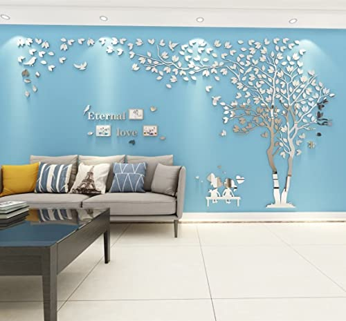 Baum Wandaufkleber Wandtattoo 3D DIY Sticker mit Familie Bilderrahmen Fotorahmen Wandbilder Wandkunst für Wohnzimmer Schlafzimmer Kinderzimmer (Silber Rechts,XL-180 * 350cm)