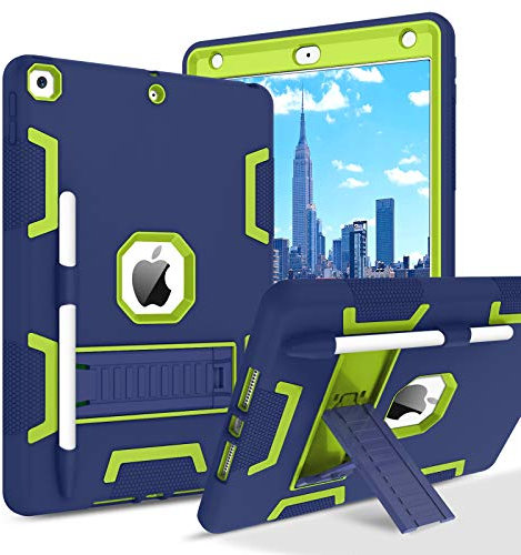 BENTOBEN for iPad 9th/8th/7th Generation Case, iPad 10.2 inch 2021/2020/2019 Case Kids, 3 in 1 Heavy Duty Rugged Shockproof Protective Cover with Kickstand Pencil Holder, Navy Blue/Yellow