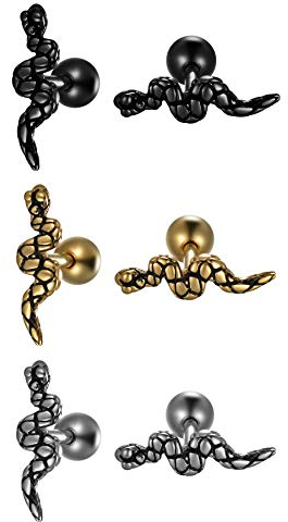 Flongo Ohrstecker Schlange Knopf Gestüt Stecker Ohrringe Ohrhänger Fake Tunnel Fake Plug Illusion Fakeplugs Schwarz Silber Gold Elegant Herren, Damen Ohrschmuck 3 Paar Set