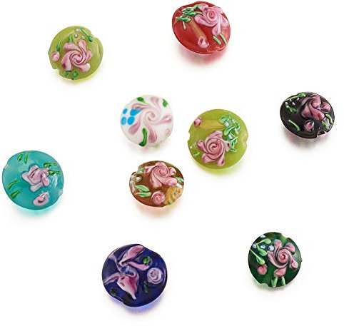 PandaHall 24 perline in vetro lavorato rotonde piatte, distanziatori, fatte a mano, perline sfuse in vetro a forma di fiori, per la creazione di gioielli, bracciali, collane, lavori fai da te
