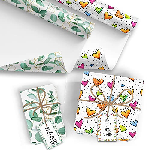 10x Geschenkpapier Mix Motiv Eukalyptus und Herzen - 2 x 5 große Bogen je 70 x 100 cm - verpackt als eine Rolle - inkl. Passende Geschenkanhänger - Umweltfreundliche Geschenkverpackung