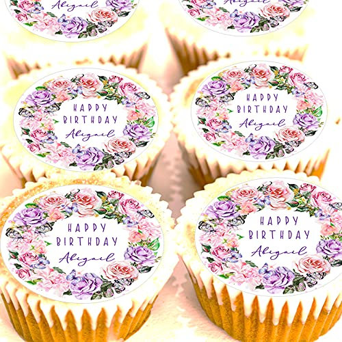 Personalised Cake Toppers - Your Message - Pink Purple Lilac Flowers Roses - Birthday Wedding Anniversary - 4cm x 24 - Edible Icing or Wafer (Edible Icing)
