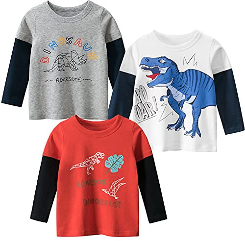 SUPFANS Toddler Boys Long Sleeve Shirts 100% Cotton T-Rex Dinosaur T-Shirts Multipacks, C-3 Pack, 3 Years
