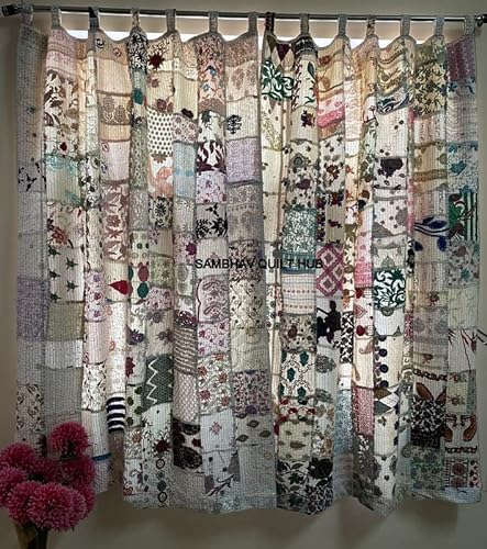 Sambhav Quilt Hub Lot de 2 rideaux indiens vintage en tissu patchwork sur le thème patchwork fait à la main pour porte de fenêtre de maison (blanc)