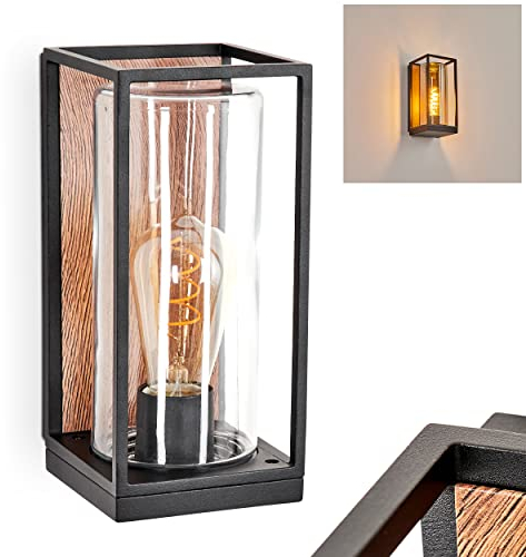 HOFSTEIN Außenwandleuchte Palanga, Außenleuchte aus Metall/Glas in Schwarz/Holzoptik/Braun/Klar, Wandlampe für Terrasse/Eingangsbereich, 1 x E27, mit tollem Lichteffekt, ohne Leuchtmittel