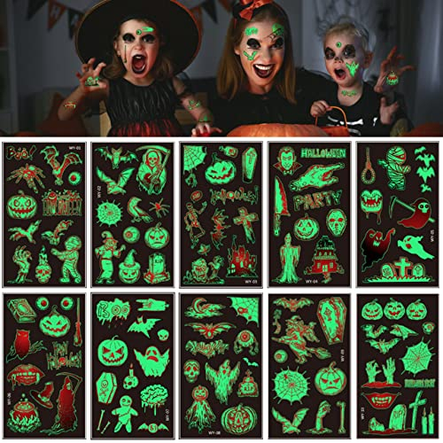 Halloween Tattoos für Kinder, 10 Blatt Halloween Leuchtende Tattoo Aufkleber für Kinder, Halloween Kindertattoos Halloween Karneval Cosplay Deko Mitgebsel, Kürbis Hexen Fledermaus Geist (WY)