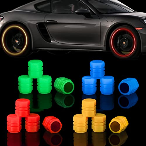 RosewineC 24 Stück Universal fluoreszierende Autoreifen-Ventilkappen, 4 Farben Staubkappen für Autoreifen, Autoreifen-Luftkappen für allgemeine Autos, LKWs, SUVs und Fahrräder, leuchten im Dunkeln