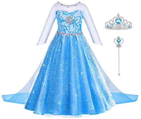 ACWOO ELSA Kostüm Mädchen, ELSA Kinder Prinzessin Kleid 6-teiliges Set mit Krone Diadem Handschuhe Zauberstab usw für Halloween Weihnachten Verkleidung Karneval