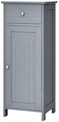 CASART Bathroom Storage Cabinet, Single Door Floor Standing Cupboard with Drawer & Adjustable Shelf, Wooden Display Sideboard Unit for Living Room Toilet Bedroom (Grey, 7-Position Adjustable)