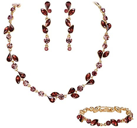 EVER FAITH Kristall Schmuck-Sets elegante Marquise- und Runde- Schliff Strass Blatt Halsketten, Ohrringe und Armband-Set für Damen Lila Gold-Tone