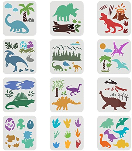 FINGERINSPIRE 12 Stück Dinosaurier Schablonen 20x20cm Dinosaurier Wald Tyrannosaurus Pterosaurus Muster Schablone Kunststoff Wiederverwendbare Dinosaurier Fußabdruck Eier Schablone Malerei Handwerk