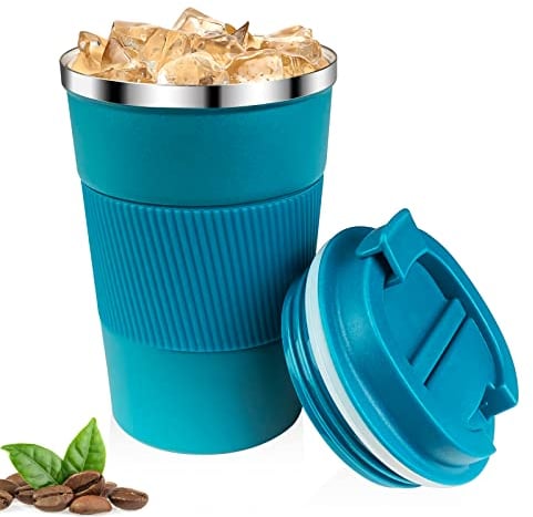 Relota Mug Isotherme Cafe 380ml Bleu, Mug Isotherme Réutilisable Acier Inoxydable 304 Tasse de Voiture avec Couvercle, Café Étanche Mug de Voyage pour Café Chaud et Froid, Lait et Thé