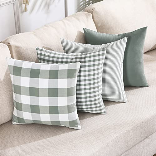 CARRIE HOME Farmhouse Salbeigrün Plaid Kissenbezüge 45.7x45.7 cm, 4er-Set Frühling Neutral Wurfkissen, Hellgrün kariert, dekorativer Kissenbezug für Innenbereich, Couch, Bett oder Veranda, Grau,Grün