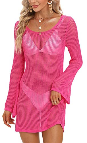 chuangminghangqi Abito da spiaggia estivo da donna, con taglio fuori e maniche lunghe, costume da bagno con scollo rotondo, abito da spiaggia, schiena scoperta all'uncinetto, Rosa, M