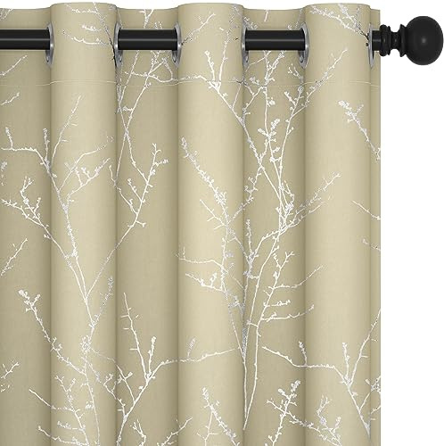 Deconovo Thermal Curtains Ring Top, Energy Saving Tree Branches Printed Noice Reducing Blackout Curtains for Bedroom, Beige, 46 x 54 Inch (Width x Length), 2 Panels