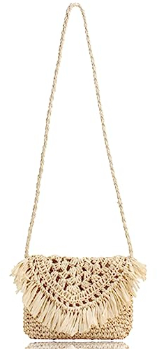 ACTOYS Sac en Paille Plage, Sac en Paille Femme, Sac à pampilles en paille, Petit Sac Bandoulière Femme Paille Tissu, Sac Bandouliere en Crochet, Sac Raphia D'été avec Fermeture éclair (Blanc B)