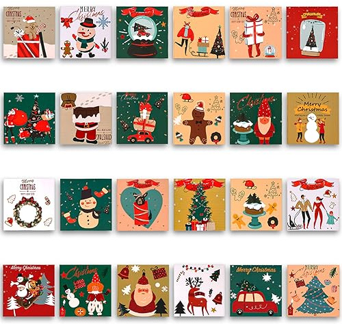 PEUTIER 24 Stück Weihnachtskarten Set Klein, 7.5 x 7.5cm Frohe Grußkarten Weihnachten Süße Festivalfarbe Weihnachtskarten Mini für Kinder Familie Freunde