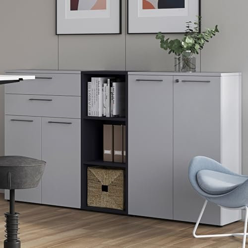 Lomadox Arbeitszimmer Büroschrank Set 3-teilig abschließbar in Lichtgrau, BxHxT: ca. 205x120x40 cm