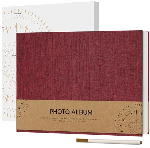 Vienrose Selbstklebend 10x15 Fotoalbum zum Selbstgestalten und Einkleben, Klein Leinen Fotobuch 60 weißen Seiten, Jahrestag Fotoalben mit Einem Kugelschreiber, 21,5x30cm, Rot