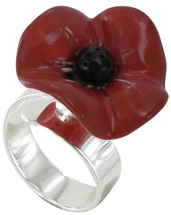 LES POULETTES BIJOUX - Silber Metall Ring Kleiner Mohnblumen mit Stempel Rot Keramik