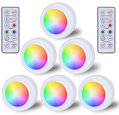 6 faretti LED RGB alimentati a batteria con telecomando, 16 colori che cambiano colore, illuminazione per armadi, vetrine, senza fili, timer e funzione memoria, LED Spot batteria per cuscinetti