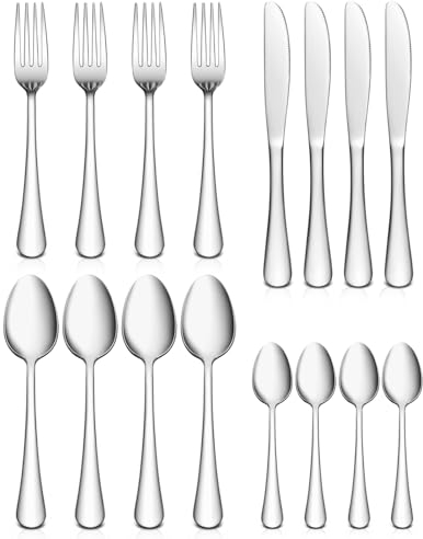 AckMond 16-Piece Cutlery Set, Stainless Steel Western Knife and Fork Sets, Mirror Polish Flatware Set, Knife Fork Spoon Dersert Spoon for Home Resturant Use, Service for 4