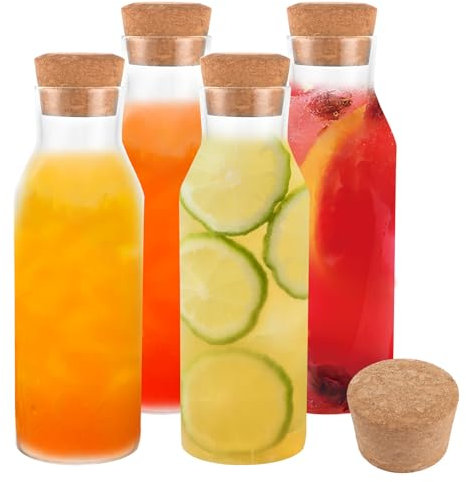 YAYODS Lot de 4 carafes à eau avec couvercle en liège - 1,2 l - Carafe en verre avec couvercle pour eau gazeuse, fruits, jus, restaurants, fêtes, mariage, anniversaire, célébration, passe au