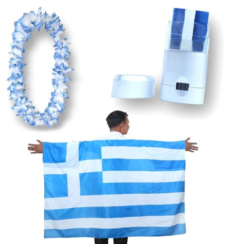 Sonia Originelli Fanset Fanartikel Poncho Fahne Flagge zum Umhängen Schminkstift und Blumenkette Hawaiikette Farbe: Griechenland