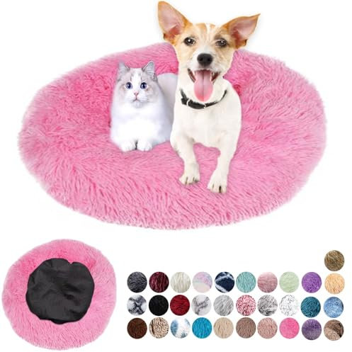 Panier Rond pour Chien Lit pour Chien Tissu Peluche Doux Panier Chien Coussin pour Chat Lavable Anti Dérapant Coussin Apaisant pour Chat Petit Moyen Taille Rose Clair 60cm