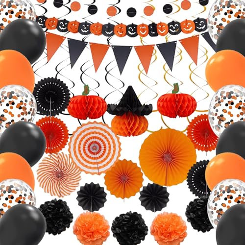 Suffolly Decorazioni di Halloween,Halloween Pompon Carta Velina Kit,Halloween Decorazioni Festa Compleanno Kit,Fiori di Carta e Palloncini,Per la Decorazione Domestica di Interni Del Giardin(73pcs)