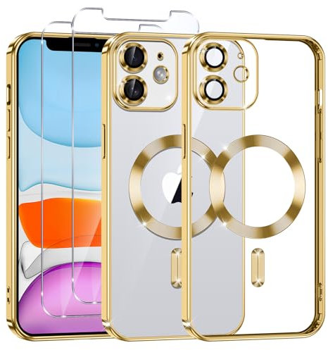 Phoona Klare Magnetisch Hülle für iPhone 11 6,1 Zoll, mit 2 Stück Gehärtete Glas Schutzfolie, Anti-Gelb, Stoßfest Kabellosem Laden, Anti Scratch, Gold
