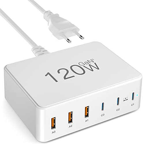 USB C Ladegerät, 120W GaN 6-Port USB Schnellladegerät USB C Netzteil Power Adapter mit 3 USB-C und 3 USB-A, Mehrfach USB Ladestation PD QC 3.0 Charger für MacBook Pro Laptop iPhone iPad Samsung