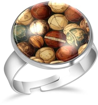 PAFEFO Edelstahlringe für Mädchen, Vintage-Kunst, Fußballdruck, verstellbar, vielseitig, exquisiter Schmuck für Teenager, Mädchen, Jugendweihe, 16 mm, Edelstahl Aus Edelstahl Kristallglas, Kein
