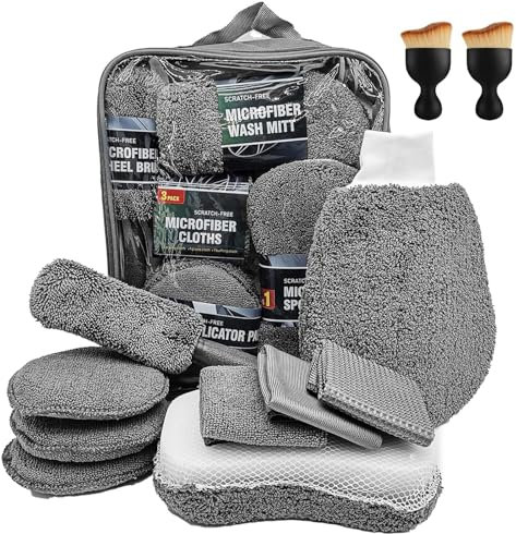 Car Wash Cleaning Tools Kit, 11Pcs Car Cleaning Brush Set with Multi-Purpose Cleaning Cloths,Polishing Pad and Sponge,Tyre Brush,Soft Car Detailing Brush Set for Cleaning Wheels,Interior&Exterior