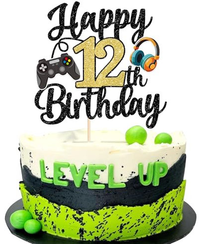 Xsstarmi 1 Pack Happy 12th Birthday Cake Topper Glitter Video Game Theme Birthday Cake Pick Hello 12 Fabulous Cheers to 12 Years Cake Decorations for Game Theme Happy 12th Birthday Party Supplies