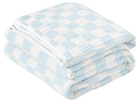 SANACYNA Musselin-Decken für Erwachsene, 100% Baumwolle, 6-lagig, Gaze, Himmelblau, Bettdecke, leicht, weich, atmungsaktiv, Decke für Sofa, Bett, Decke, beide Seiten, Himmelblau, Queen-Size-Größe