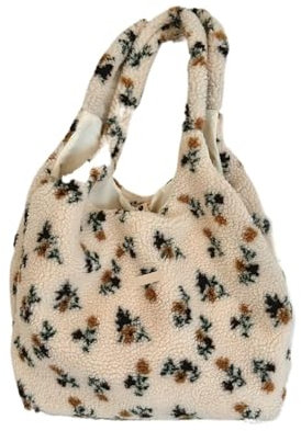 NEOOKST PlüSch Tasche Damen-Umhängetasche mit Plüsch-Blumenmuster, Flauschiges Fell, große Kapazität, Canvas-Tragetasche, weiche, warme Einkaufstaschen FüR Uni MäDchen(Beige)