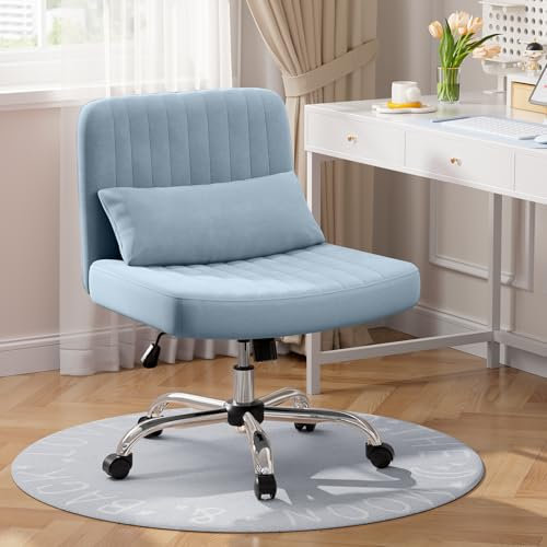 Warmiehomy Criss Cross Legged Velvet Office Chair for Home, Armless Desk Chair with Wheels, Height Adjustable Swivel Vanity Chair with Wide Seat and Lumbar Pillow for Bedroom and Home Office, Blue