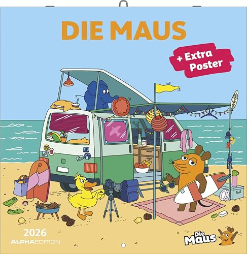 Alpha Edition - Die Maus Kalender 2026 – Wandkalender 30×30 cm (30×60 geöffnet) mit Illustrationen & Platz für Notizen, Broschürenkalender inkl. Poster, idealer Bildkalender für Kinder & Maus-Fans