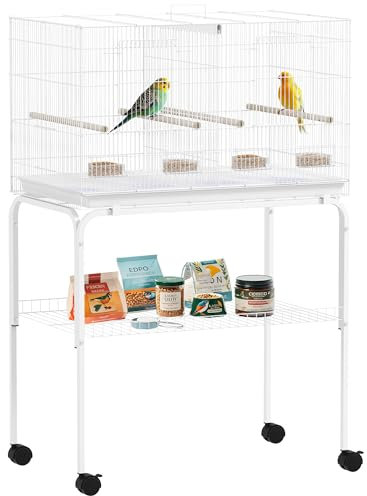 PawHut Jaula para Pájaros con Divisor Pajarera con Ruedas 4 Comederos 4 Perchas y Bandeja Extraíble Jaula para Loros Canarios Periquitos 76x46x116 cm Blanco