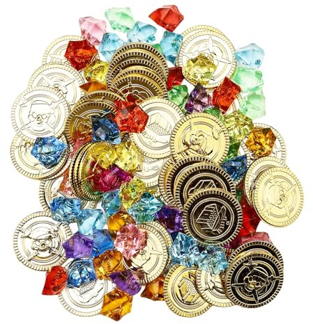 Nurila 60 Stk Piratenschatz Edelsteine für Kinder Mit 50 Stk Goldmünzen Kinder, Perfekt für Piraten Deko, Goldmünzen Piratenschatz Kindergeburtstag Schatztruhe Kindergeburtstag