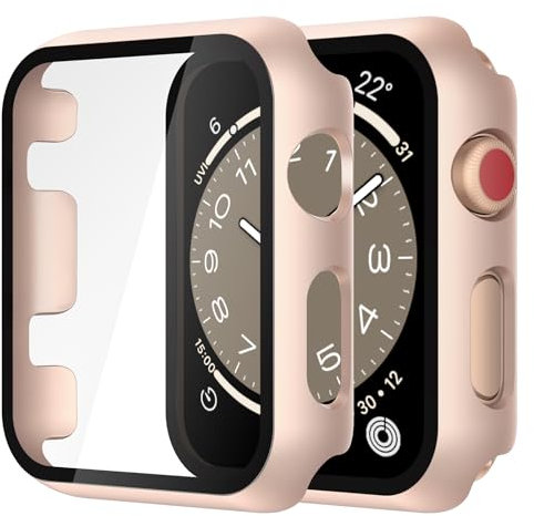 Recata 2 Pièces Rigide PC Protection Ecran en Verre Trempé pour Apple Watch Serie 3 Serie 2 38mm, Coque Ultra-Fine Anti-Chute Résistante aux Rayures pour iWatch, 1 Or Rose + 1 Transparent