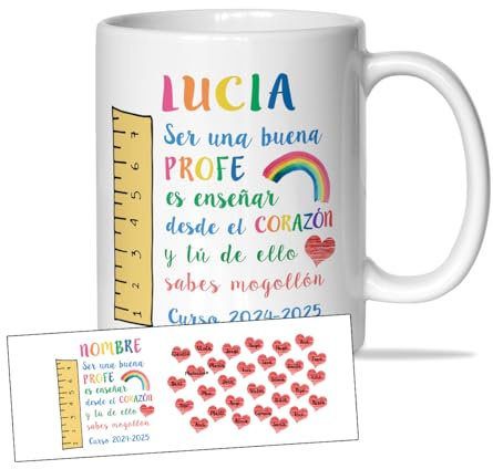 L´INFORAL - Taza Personalizada “Ser una buena profe es enseñar desde el corazón” con Corazones y Nombres de Alumnos - Regalo Emotivo para Maestras - Cerámica 250 ml