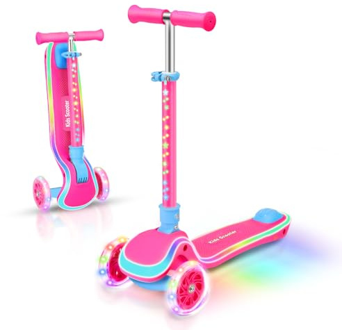 AODI Trotinette Enfant 3 Roues de 2 à 10 Ans, Trottinette avec Siège 2 en 1, Trottinette Pliable avec Guidon Réglage en Hauteur et Roues LED, Scooter Antidérapant pour Filles et Garçons