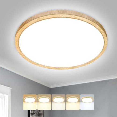 Peasur Deckenlampe LED Deckenleuchte Flach,5Farben-3000/3500/4000/5000/6500K,IP54 Wasserfest Badezimmer Lampe Decke,18W Modern Rund Lampe für bad flur schlafzimmer keller Wohnzimmer Büro,22*1.6cm Holz