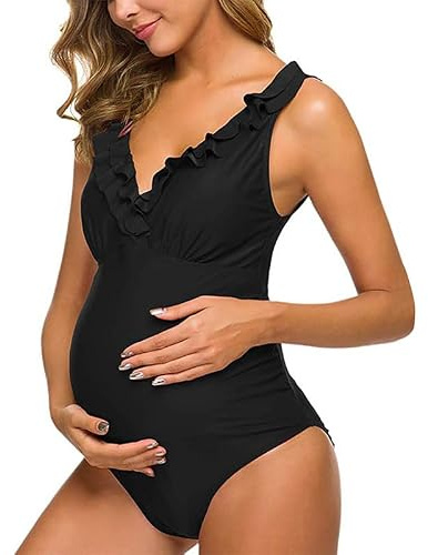 JNGUOSICN Maternity One Piece Swimwear Slimming V-Neck Monokini Pregnancy Bathing Suit with Removable Foam Cups Womens Swimming Costume Stretchy Push Up Swimwear