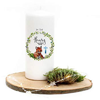 Taufkerze Kerze zur Taufe Fuchs Fuchsmama mit Junges Blätterkranz blaues Kreuz Wunschname Spruch individualisierbar wk127 - ausgewählte Größe: *3. Gastkerze (ohne Taufspruch)*